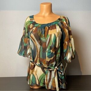 BCX Semi Sheer Belted Blouse with Bell Sleeves Size L (D28)